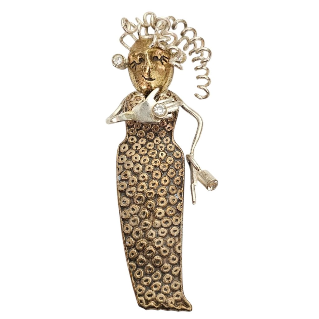 Sharon Seggi Sterling, Mixed Metals Modernist Whimsical Curly Hair Lady Brooch